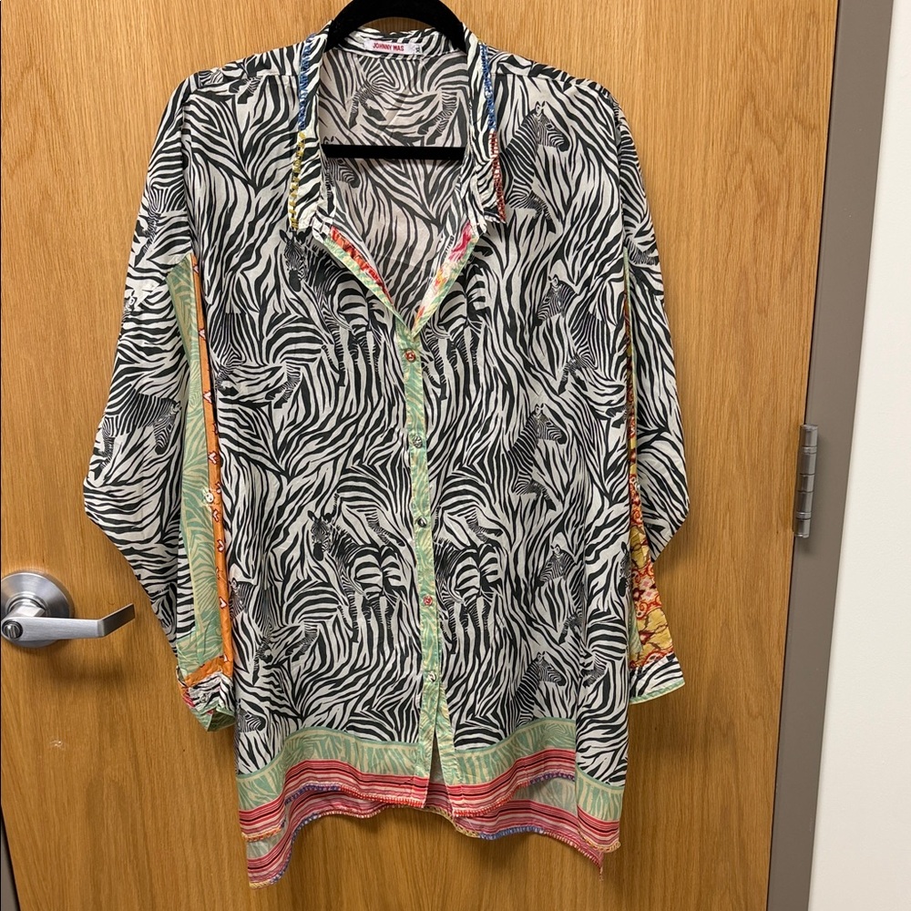 Johnny Was Silk Black and White Zebra Print Shirt with Colorful accents